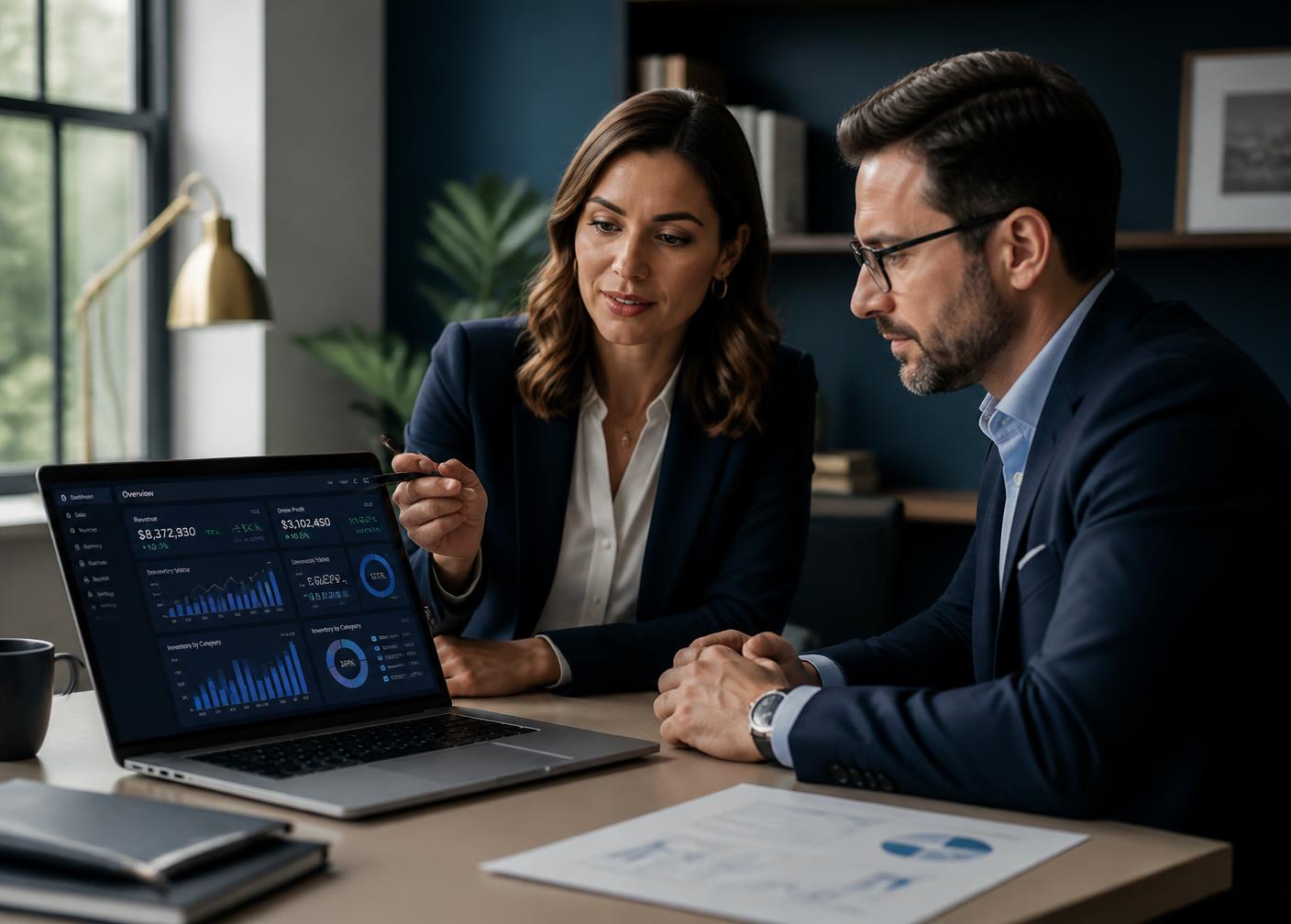 Consultant reviewing an inventory and financial dashboard with a business owner